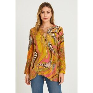 Y2K Lucky Brand Womens Psychedelic Print‎ Shirt Long Sleeve Embroidered Tunic